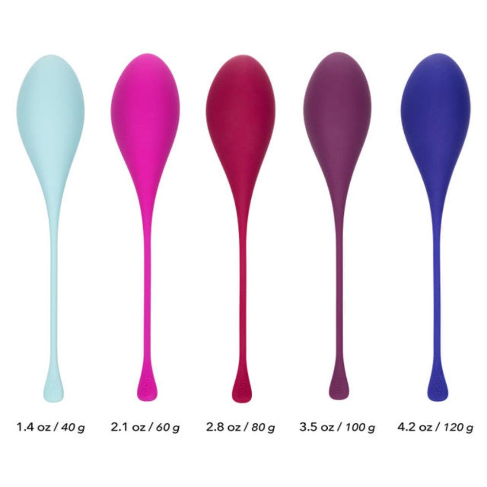 An image features the Calexotics Kegel Weights - 5-Piece Set, showcasing five vibrant teardrop-shaped items with elongated handles designed for Kegel exercises and pelvic floor strengthening. Arranged in a row, these weights shift in color from light blue to dark purple, each labeled with its weight: 40g, 60g, 80g, 100g, and 120g.