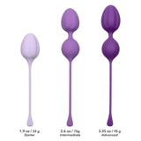 The Kegel Weights - 3-Piece Set by Calexotics consists of three purple exercisers made from body-safe silicone, specifically designed for effective Kegel training. They come in graduated sizes and weights: 1.9 oz/55g (Starter), 2.6 oz/75g (Intermediate), and 3.35 oz/95g (Advanced). Featuring unique dual-ball shapes and convenient strings for easy removal, these products are ideal for enhancing pelvic floor muscles.