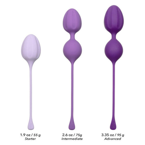 The Kegel Weights - 3-Piece Set by Calexotics consists of three purple exercisers made from body-safe silicone, specifically designed for effective Kegel training. They come in graduated sizes and weights: 1.9 oz/55g (Starter), 2.6 oz/75g (Intermediate), and 3.35 oz/95g (Advanced). Featuring unique dual-ball shapes and convenient strings for easy removal, these products are ideal for enhancing pelvic floor muscles.