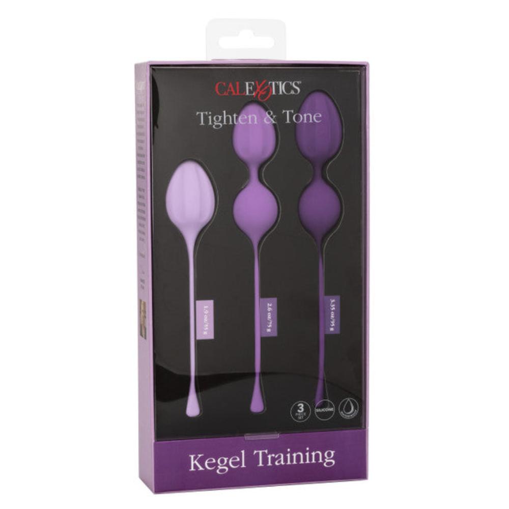 A box of Calexotics Kegel Weights - 3-Piece Set, including three body-safe silicone kegel exercisers in purple, labeled "Light," "Medium," and "Heavy," designed to tighten and tone your pelvic floor muscles through Kegel training.