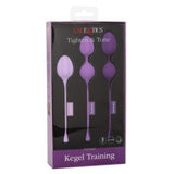 A box of Calexotics Kegel Weights - 3-Piece Set, including three body-safe silicone kegel exercisers in purple, labeled 