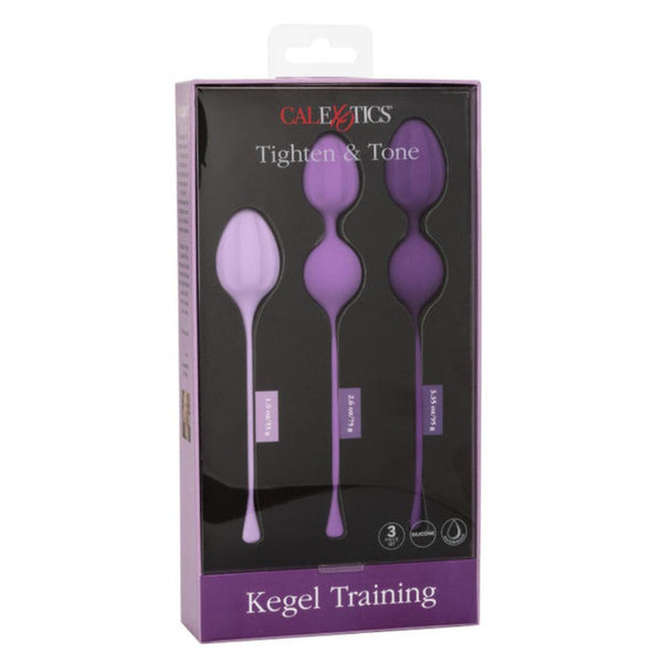A box of Calexotics Kegel Weights - 3-Piece Set, including three body-safe silicone kegel exercisers in purple, labeled "Light," "Medium," and "Heavy," designed to tighten and tone your pelvic floor muscles through Kegel training.