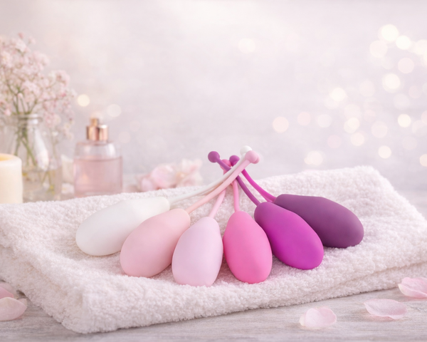 Several pastel-colored kegel exercise balls rest on a folded white towel, with a lit candle, perfume bottle, and flowers in the softly blurred background. Pink rose petals are scattered on the surface.
