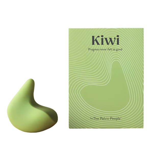 A green, abstract-shaped Kiwi vibrates beside a "Kiwi" labeled box with wavy patterns. The text says, "Progress never felt so good by The Pelvic People," highlighting the Kiwi Vibrating Pelvic Massager designed for pelvic floor tightness relief.