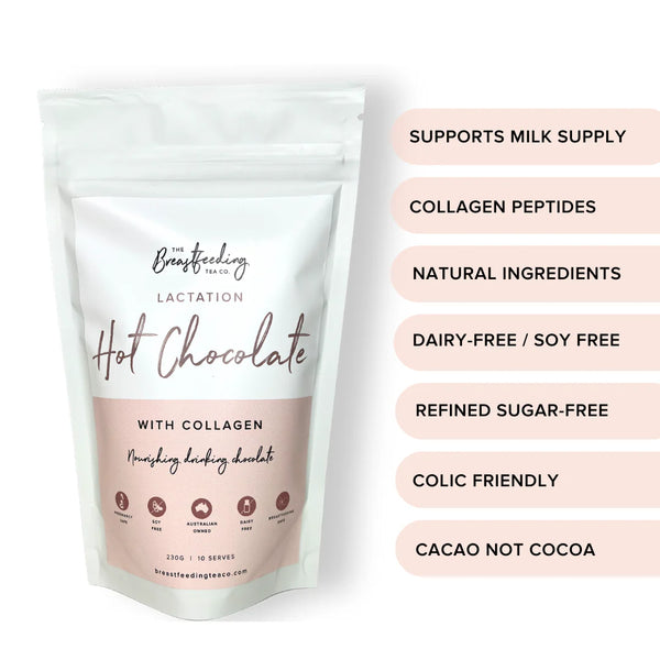 A standing pouch of "Lactation Hot Chocolate with Collagen" by The Breastfeeding Tea Co. comes in cream-colored packaging, highlighting benefits such as supporting breastmilk supply, containing collagen peptides and natural ingredients, being dairy-free and soy-free, refined sugar-free, colic-friendly, and made with organic cacao powder.