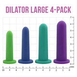 Image of four differently colored dilators arranged from left to right: green, blue, teal, and purple. Each 