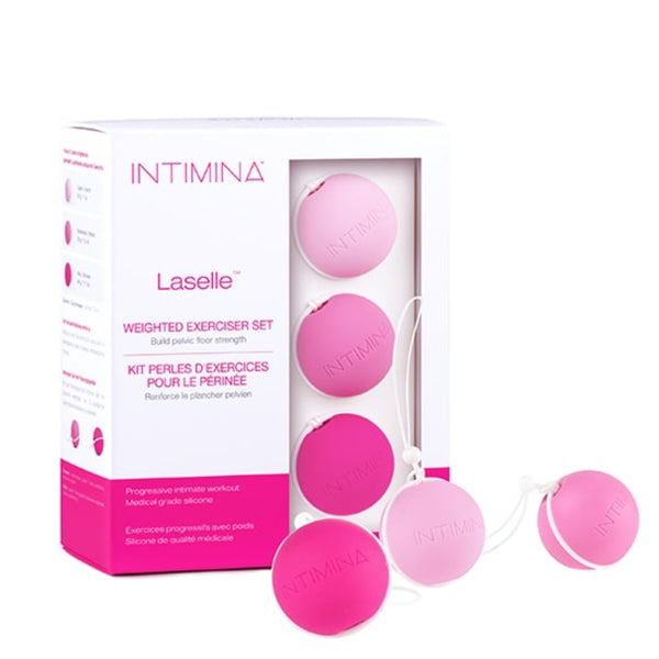 A box labeled "Intimina Laselle Kegel Exercisers" with three pink silicone Kegel exercisers in different shades is displayed. The packaging highlights them as pelvic floor muscle strengtheners.