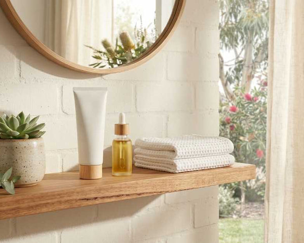 Bathroom shelf with a plain cosmetic tube, an amber dropper bottle, folded towels and a succulent below a round mirror