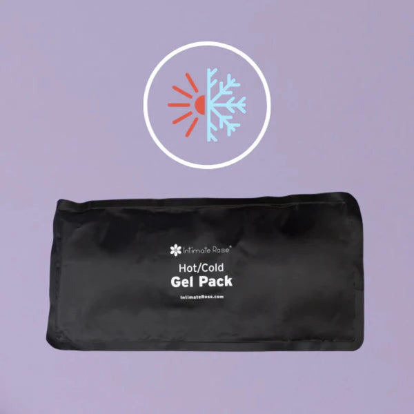 A Post-Surgery Seat Belt Pillow from Intimate Rose, designed for optimal pain relief and comfort, rests on a light purple background. Above it, a circular icon featuring a snowflake and heat symbol emphasizes its dual temperature feature.