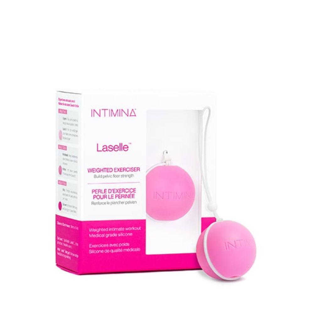 The Intimina Laselle Kegel Exercisers, shown with pink and white packaging, are silicone devices designed to strengthen pelvic floor muscles. Both the product and box are displayed on a white background.
