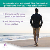A person strolls along the beach with a message promoting the Intimate Rose Pelvic Wand With Vibration, crafted from BPA-free, medical-grade silicone for pelvic pain relief. It promises muscle relaxation by eliminating painful trigger points. The Intimate Rose logo is prominently displayed in the corner, enhancing your daily life naturally.