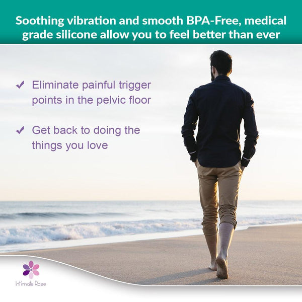 A person strolls along the beach with a message promoting the Intimate Rose Pelvic Wand With Vibration, crafted from BPA-free, medical-grade silicone for pelvic pain relief. It promises muscle relaxation by eliminating painful trigger points. The Intimate Rose logo is prominently displayed in the corner, enhancing your daily life naturally.