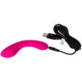 The Mini Swan Wand, a bright pink curved G spot vibrator with a smooth surface, lies next to a black USB charging cable.