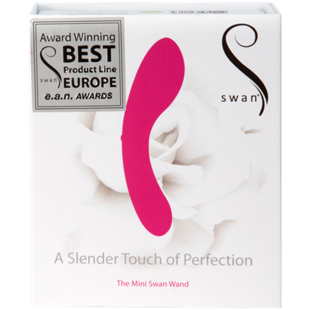 The image displays the packaging for The Mini Swan Wand from Swan. The box is primarily white and showcases a pink, curved waterproof wand vibrator. It bears a silver award label that states "Award Winning Best Product Line Europe e.a.n. Awards." Additionally, the text on the box reads "A Slender Touch of Perfection.