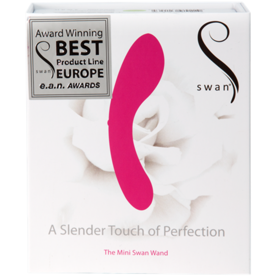 The image displays the packaging for The Mini Swan Wand from Swan. The box is primarily white and showcases a pink, curved waterproof wand vibrator. It bears a silver award label that states "Award Winning Best Product Line Europe e.a.n. Awards." Additionally, the text on the box reads "A Slender Touch of Perfection.