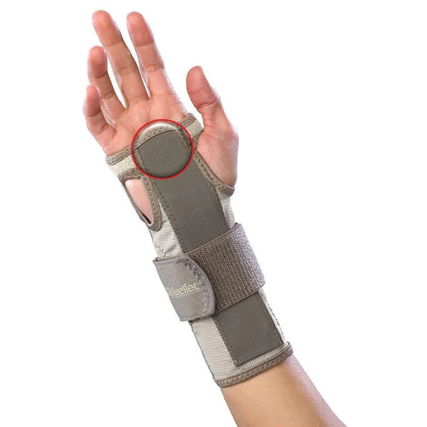 A person's hand and wrist are shown wearing the Mueller Carpal Tunnel Wrist Brace by Mueller, featuring a gray-armored, adjustable design with velcro straps. One strap, highlighted by a red circle, secures around the thumb area. The brace is designed to provide pain relief and stability to both the wrist and thumb.
