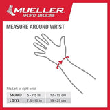 A graphic from Mueller provides instructions on how to measure around the wrist for the Mueller Carpal Tunnel Wrist Brace. Below an image of a hand with a tape measure around the wrist, there's sizing information: SM/MD (5-7.5 in or 12-19 cm) and LG/XL (7.5-10 in or 19-25 cm).