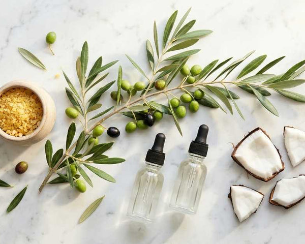 Olive branch, coconut halves and small dropper bottles on a marble surface, representing natural lubricant ingredients