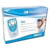 Box for NeuroTrac® Tens machine from Verity Medical. The white box with blue accents features an image of the device and a smiling couple in the background. This Digital Dual channel TENS machine is marketed as an effective pain relief solution.