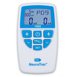 A white and blue NeuroTrac® Tens machine featuring a digital screen that displays various settings. Below the screen are buttons for adjusting these settings, including plus and minus signs, 