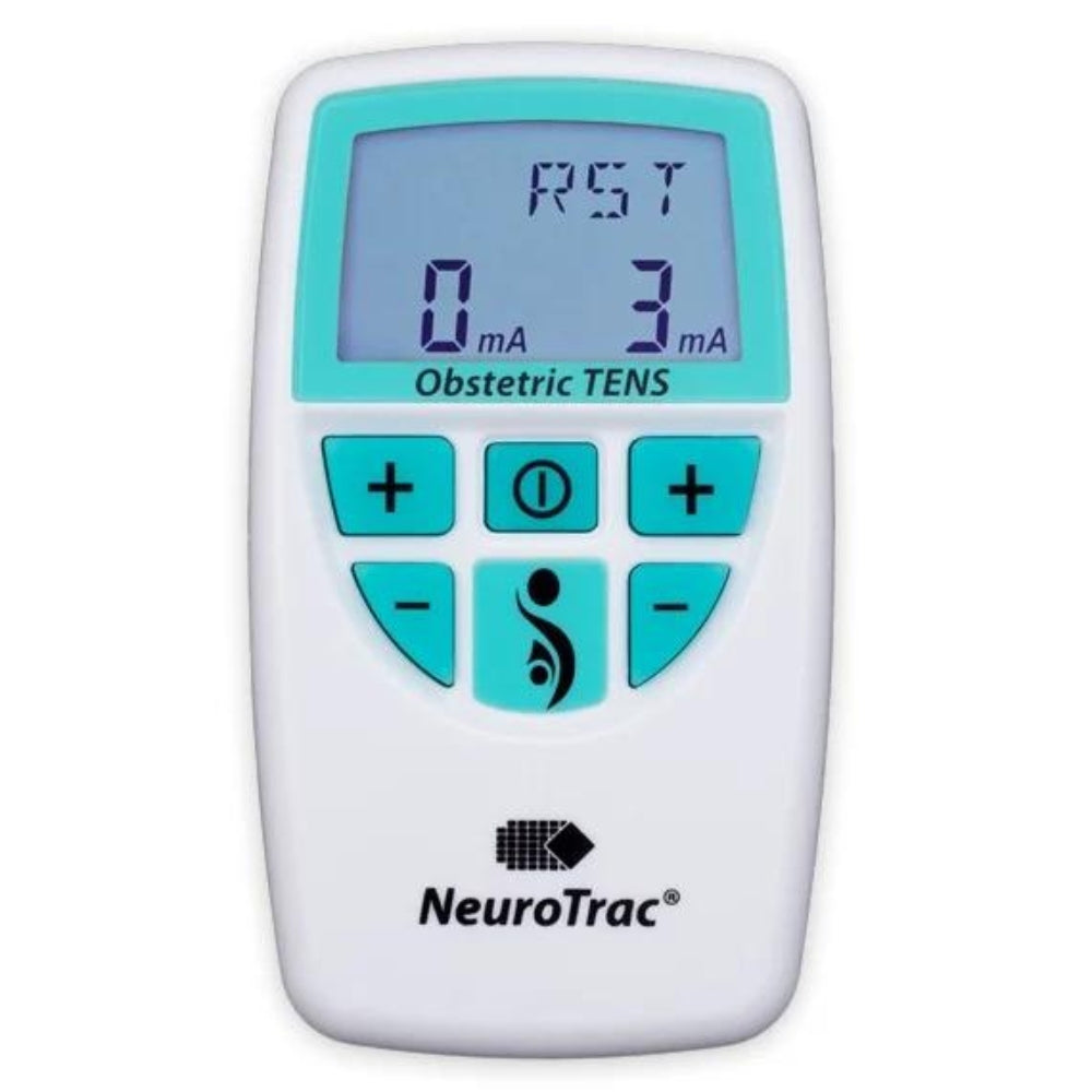 A white and teal electronic device labeled "NeuroTrac® Tens Labour - (Obstetric)." It features a digital screen displaying "RST 0 mA 3 mA" and several buttons, including plus and minus symbols, a frequency icon, and a circular button. Ideal for labor pain relief.