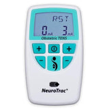 A white and teal electronic device labeled 