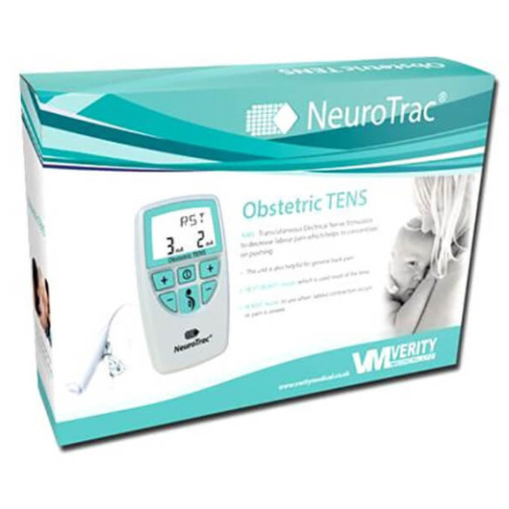Image of a product box for Neurotrac Tens Labour - (Obstetric). The packaging showcases a device with a control unit that includes buttons and a digital screen. The box features teal and white accents, a baby graphic, and the brand name NeuroTrac® in the top right corner, emphasizing its use for labor pain relief.