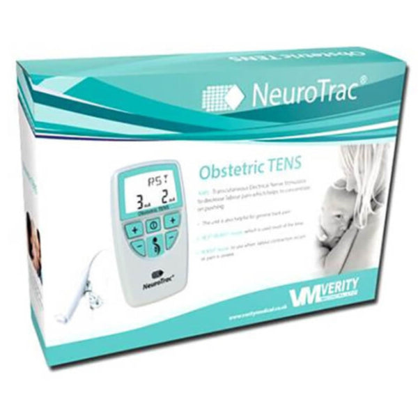 Image of a product box for Neurotrac Tens Labour - (Obstetric). The packaging showcases a device with a control unit that includes buttons and a digital screen. The box features teal and white accents, a baby graphic, and the brand name NeuroTrac® in the top right corner, emphasizing its use for labor pain relief.