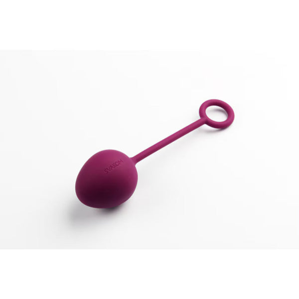 The Intimina Laselle Kegel Exercisers, in purple silicone with a retrieval cord and ring, are shown on a white background, designed to strengthen pelvic floor muscles.