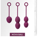 Three purple Laselle Kegel Exercisers by Intimina with looped handles are shown in increasing size from left to right. The label highlights their use for strengthening pelvic floor muscles.