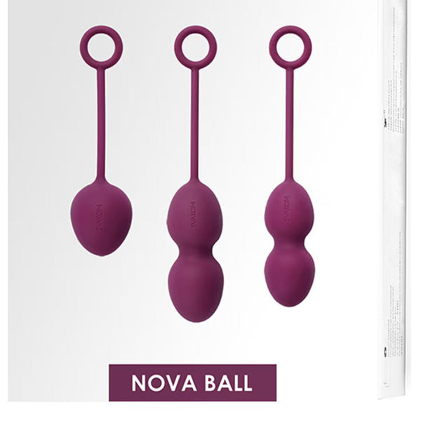 Three purple Laselle Kegel Exercisers by Intimina with looped handles are shown in increasing size from left to right. The label highlights their use for strengthening pelvic floor muscles.