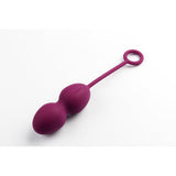 The Intimina Laselle Kegel Exercisers are purple silicone weights with retrieval loops, designed to strengthen pelvic floor muscles. They are shown on a white background.