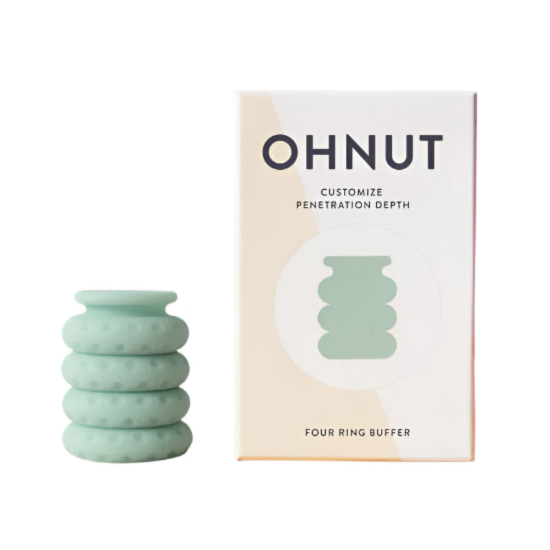 The Ohnut depth-limiting rings four-ring set in mint green, displayed beside the original Ohnut packaging. Soft polymer buffer rings used to limit penetration depth for comfort. Sold in Australia by Blossom Pelvic Health.