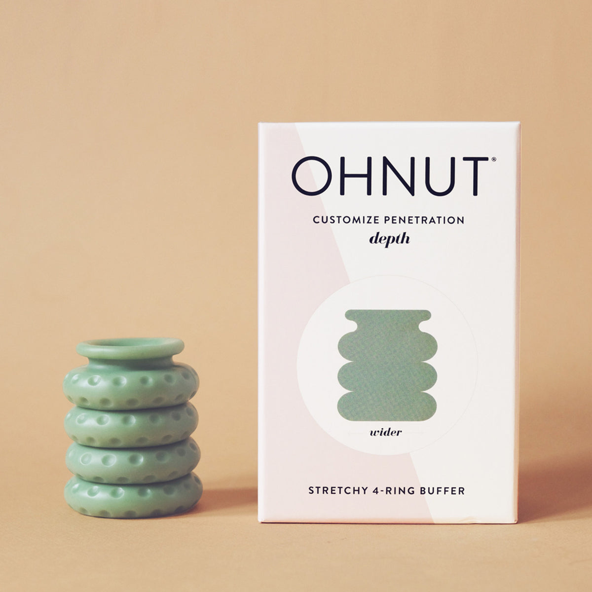 A product image of The Pelvic People's Ohnut Depth-Limiting Rings, a stackable low-poly ring device in teal, is displayed next to its packaging. The box states "Ohnut: Customize Penetration Depth" and describes it as a "Stretchy 4-Ring Buffer" designed for pain-free intimacy. The background color is beige.