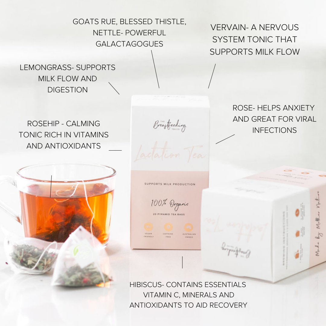 Organic breastfeeding and lactation tea blend to support milk production and maternal health, naturally rich in antioxidants and herbs traditionally used for lactation.
