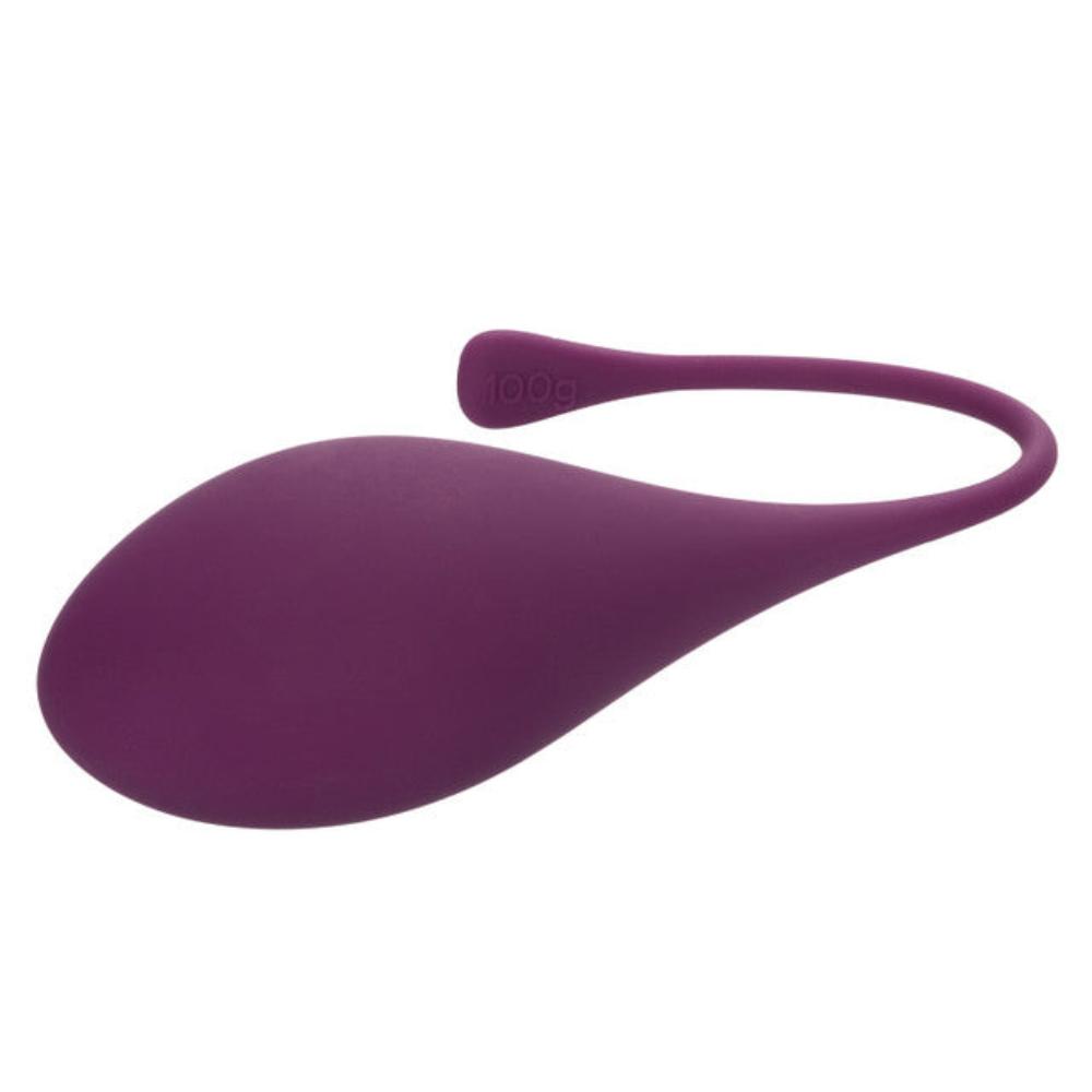Introducing the Calexotics Kegel Weights - 5-Piece Set: A purple silicone device designed for pelvic floor strengthening, featuring a smooth, tapered design and a flexible tail.