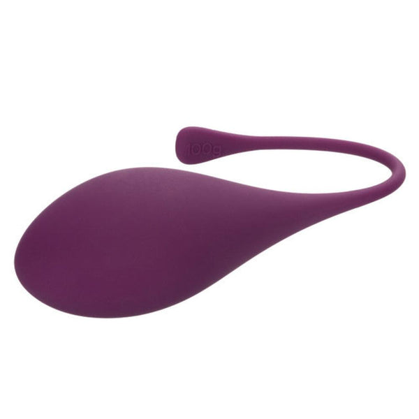 Introducing the Calexotics Kegel Weights - 5-Piece Set: A purple silicone device designed for pelvic floor strengthening, featuring a smooth, tapered design and a flexible tail.