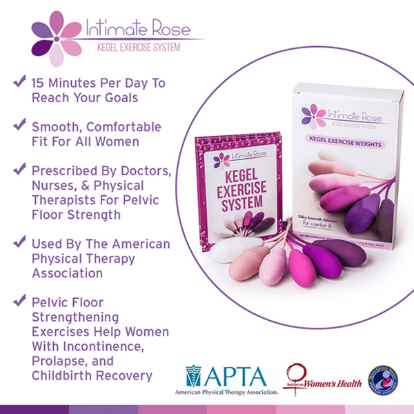 Promotional image for the Intimate Rose - Kegel Exercise Weights, featuring pastel-colored weights. Emphasizes benefits such as strengthening the pelvic floor and enhancing bladder control, with recommendations from doctors and endorsements from health organizations.