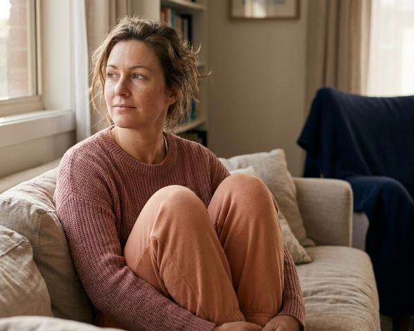 Woman resting on her sofa with knees drawn up by a window at home, reflecting on pelvic pain symptoms