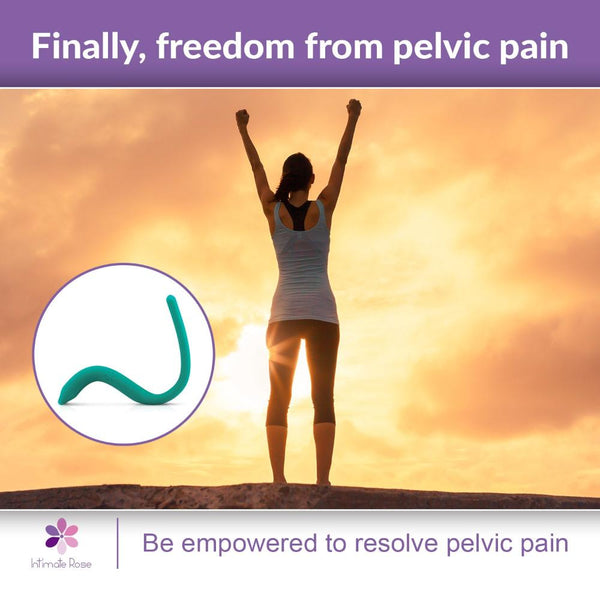 A woman stands on a hill with arms raised against the backdrop of a sunset. An inset highlights the Intimate Rose Pelvic Wand With Vibration in green. Text reads, "Finally, freedom from pelvic pain. Experience muscle relaxation and feel empowered with Intimate Rose to resolve pelvic pain.