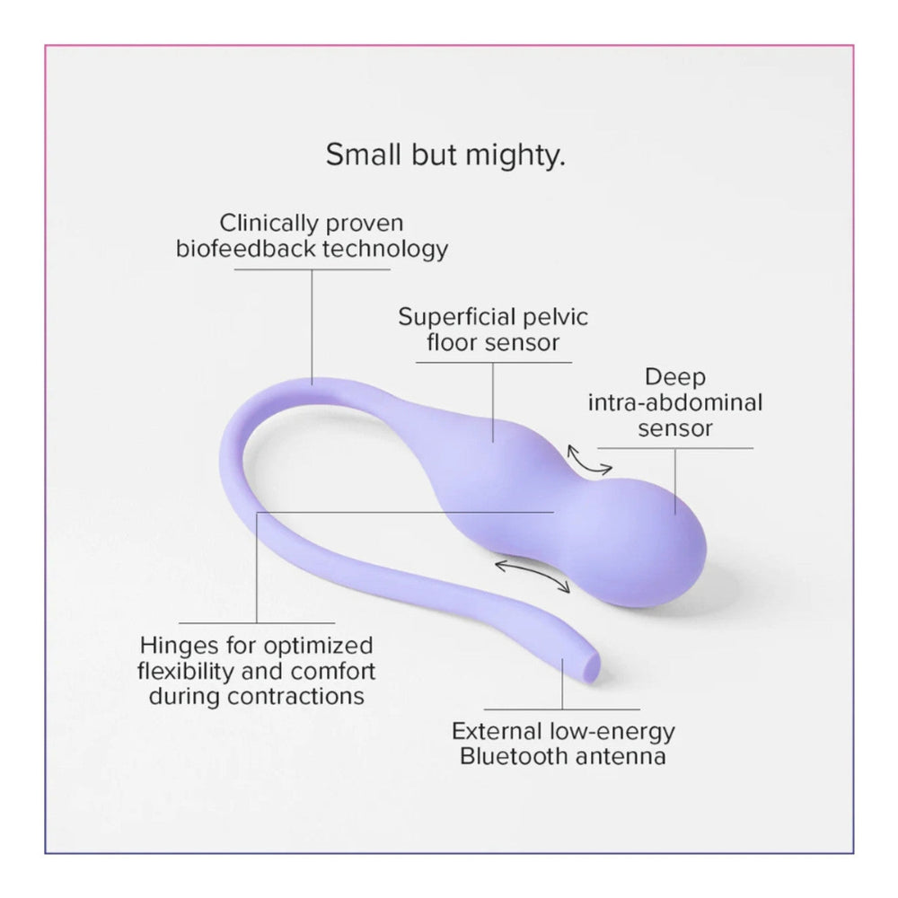 A labeled diagram of the light purple Perifit Care+ — Advanced Biofeedback Pelvic Floor Trainer by Perifit, highlighting its sensors, flexible hinges, and Bluetooth antenna, with text indicating clinical pelvic health benefits and advanced technology features.