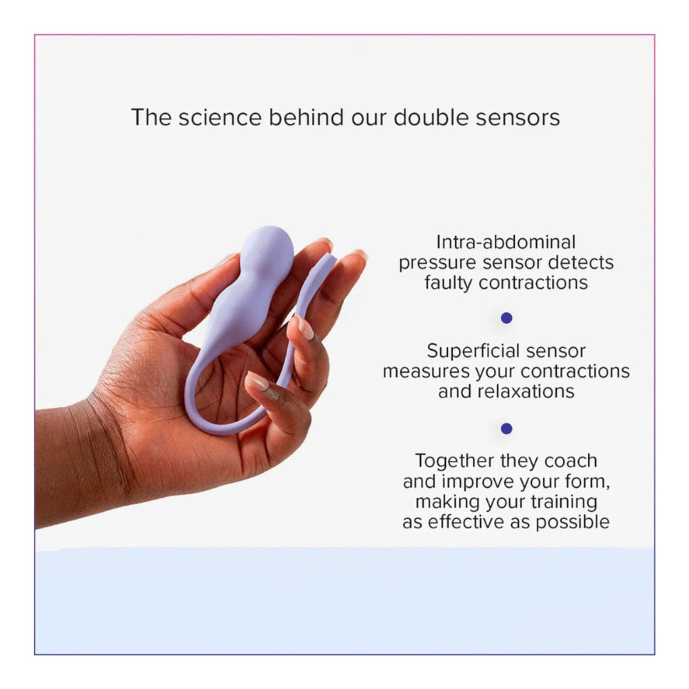 A hand holds the Perifit Care+ by Perifit, an advanced biofeedback pelvic floor trainer with double sensors that detect faulty contractions and measure muscle activity for enhanced pelvic health training.