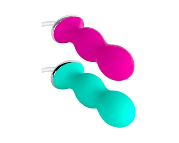 The Perifit Kegel Exerciser – Smart Pelvic Floor Trainer by Perifit features two silicone, bulb-shaped devices in pink and teal with rounded handles and white cords, designed for pelvic floor strengthening and shown on a white background.