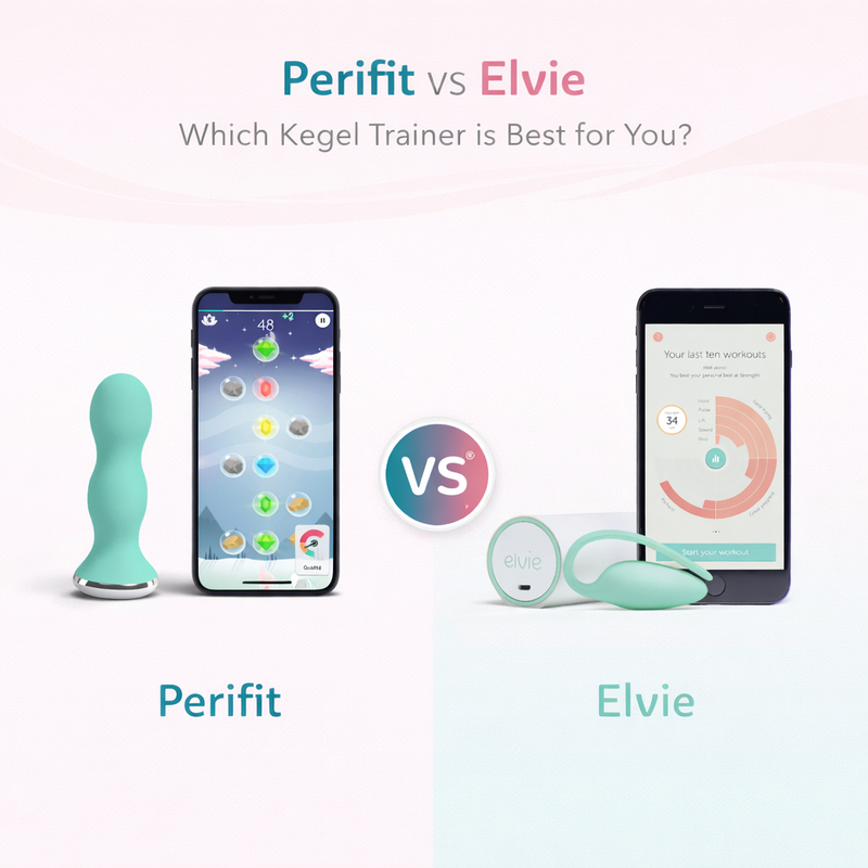 Comparison image showing Perifit and Elvie Kegel trainers with their respective apps displayed on smartphones. Perifit is on the left, Elvie on the right, with "vs" in the center and the question "Which Kegel Trainer is Best for You?" above.