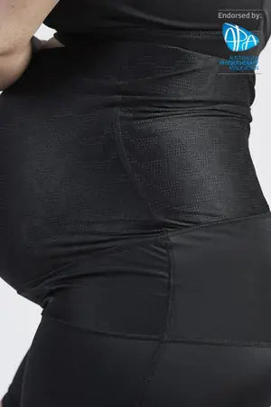 Close-up of SRC Pregnancy Shorts Mini over-the-bump on a baby bump, APA endorsed