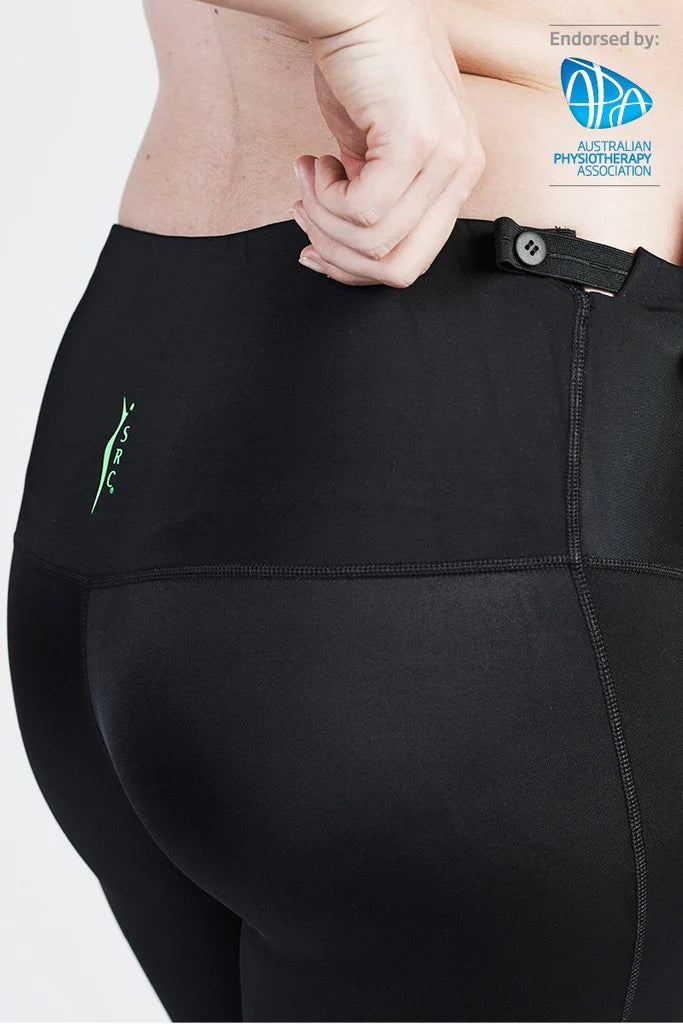 Close-up of a person wearing black SRC Maternity Leggings from SRC Health, featuring an adjustable waistband and offering Varicose Vein Relief. The SRC logo is visible on the waist, and the Australian Physiotherapy Association endorsement logo appears in the top right corner.