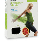 An image of the SRC Health Pregnancy Shorts packaging. The front displays a pregnant woman wearing the pregnancy compression shorts and a green top, with green fabric flowing behind her. The product is labeled 