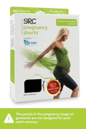 An image of the SRC Health Pregnancy Shorts packaging. The front displays a pregnant woman wearing the pregnancy compression shorts and a green top, with green fabric flowing behind her. The product is labeled "SRC Pregnancy Shorts" and highlights health benefits such as pelvic support, along with an endorsement from obstetricians.