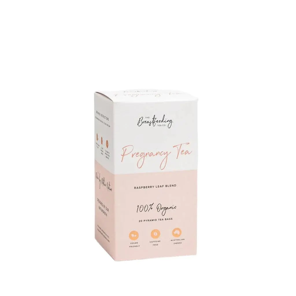 A rectangular box of The Breastfeeding Tea Co Pregnancy Tea - Raspberry Leaf Tea with 20 pyramid tea bags, made from 100% organic, pregnancy-safe herbs. The white and light pink box has simple text and icons.