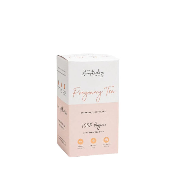 A box of "The Breastfeeding Tea Co's" Pregnancy Tea - Raspberry Leaf Tea, featuring a blend of pregnancy-safe herbs including raspberry leaf. The packaging is primarily white with pink accents and highlights that the tea is 100% organic, containing 20 pyramid tea bags.
